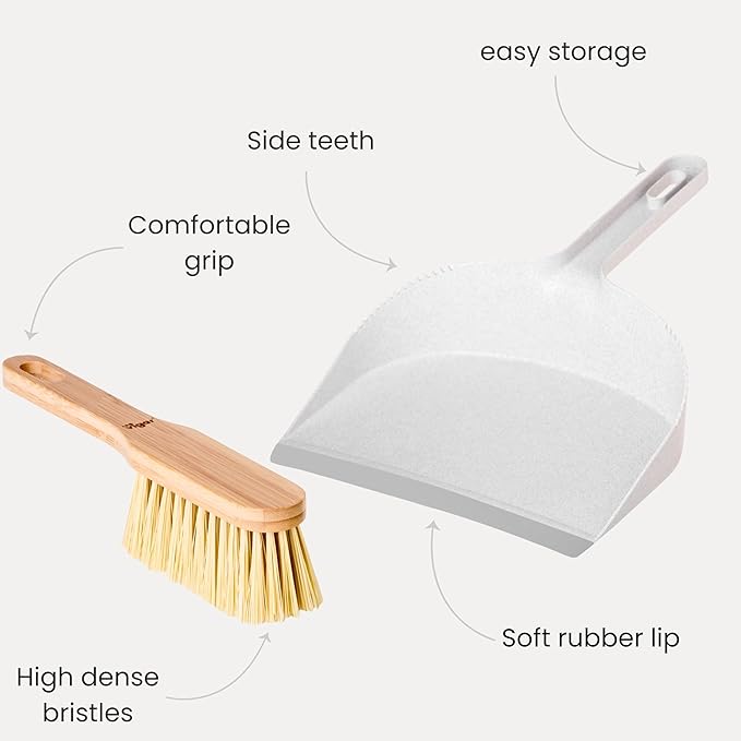 Vigar Zeroline Mini Bamboo Broom with Dustpan Combo Set, Small Dust Pan and Brush Set for Dust, Pet Hair, Car, and Crumb, House, Kitchen Broom, Gray