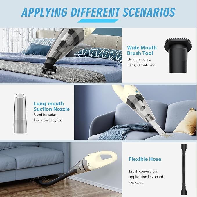 FUOAYOC Handheld Vacuum Cordless,Car Cordless Rechargeable, 6KPA Powerful Suction Hand Held Vacuum with LED Light/Multi Accessories, 1.6lbs Mini Portable Vacuum Cleaner for Home/Car/Office Cleaning