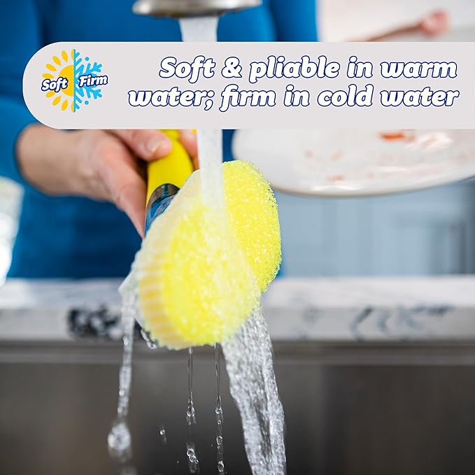 Scrub Daddy Dish Daddy Dish Wand & Refill Heads, Soap Dispensing Dish Brush, Texture Changing Washing Up Sponge With Liquid Handle, Dish Sponge with Built-in Scraper & Scrubbing Head, Drip stand, Blue