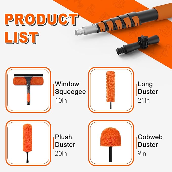 30FT Reach High Ceiling Duster Kit, Window Cleaning kit with 5-24FT Extension Pole, Fan Duster for Ceiling Fan Blades, Microfiber Feather Duster, Rotatable Window Squeegee and Cobweb Duster
