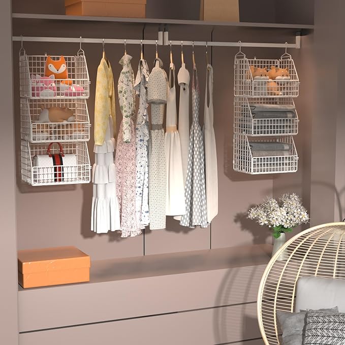 PUPPYCUTE Hanging Closet Organizer and Storage, Clothes Hanging Shelves Wire Baskets for Clothing Sweaters Purse Handbags Shoes White 3 Tier