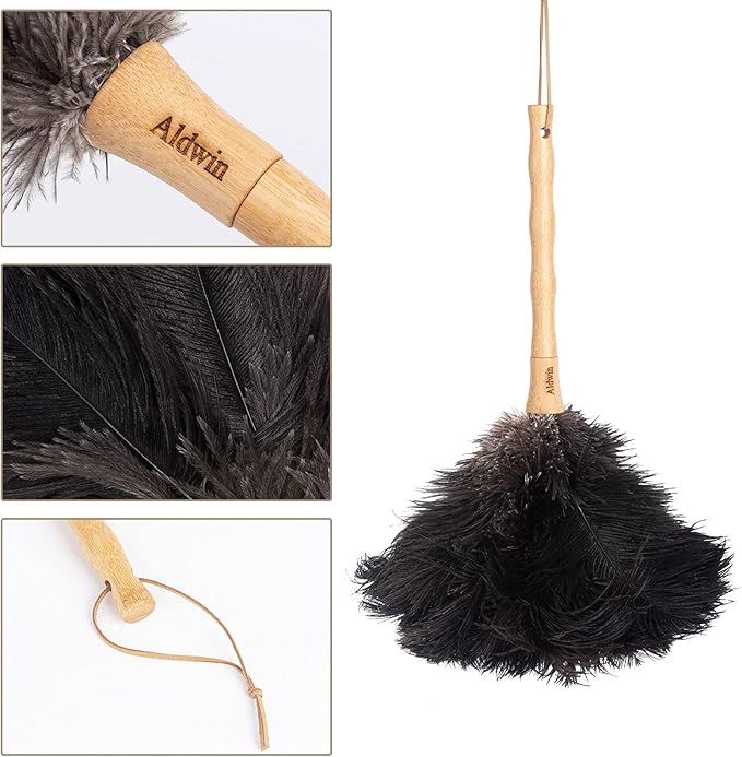Aldwin Ostrich Feather Duster, 16 inch Black Genuine Ostrich Feathers with Wood Handle, Reusable Car Dusters, Eco-Friendly Cleaning Handheld Dusters for Home, Office and Kitchen