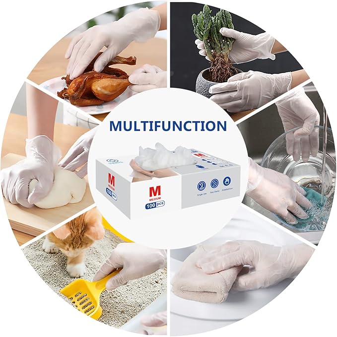 squish Disposable Gloves, 100 Count 4 mil Clear Vinyl Gloves Latex Free Powder-Free Health Glove Cleaning Rubber Glove for Kitchen Cooking Cleaning Food Handling, Medium