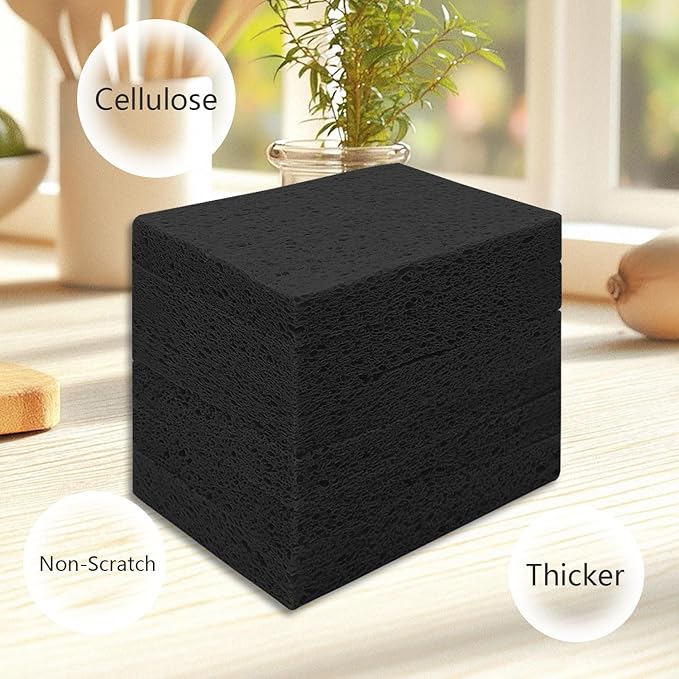 Cellulose Sponges, Large Size 4" x 6" x 1" - Heavy Duty Scrub Kitchen Sponge, Clean Tough Messes Without Scratching Kitchen Cleaning Pads, Pop Up Eco DIY (6 Pack), Black