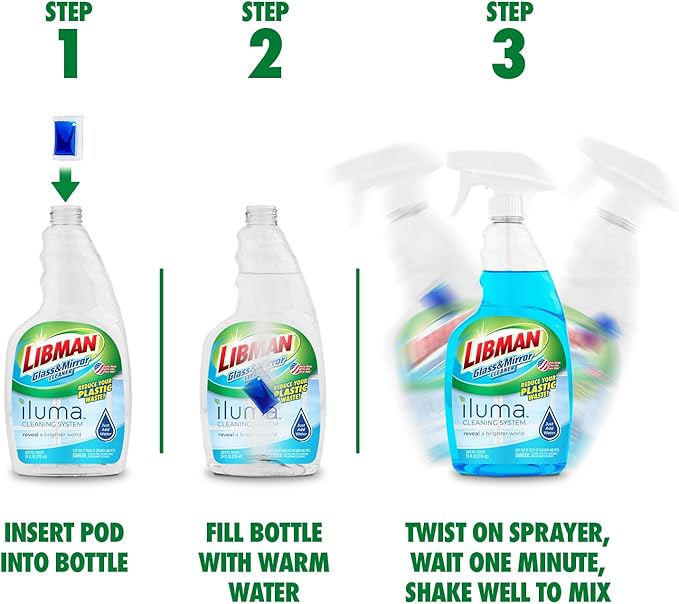 Libman Iluma Glass & Mirror Cleaner Refill | Window Cleaning Pods Glass & Mirror Cleaner | Mirror Cleaner Refill | Chrome Cleaner Refill | 3 Pods | Add Water and Shake