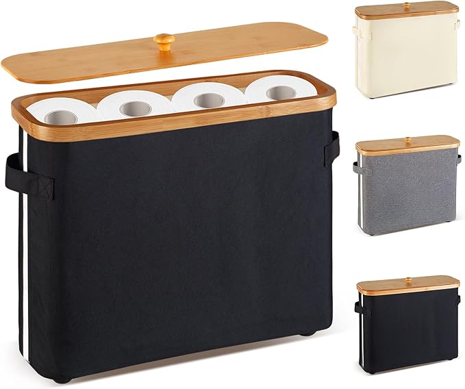 Bathroom Toilet Paper Storage Basket with Lid and Handle， Bamboo Collapsible Toilet Paper Holder Storage with Non-Slip Bottom ,Extra Toilet Roll Storage, Black
