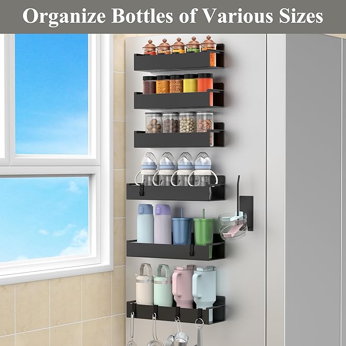 Magnetic Water Bottle Holder for Refrigerator, Cup Holder Organizer for Stanley and Tumbler for Kitchen, 6 Pack, Black