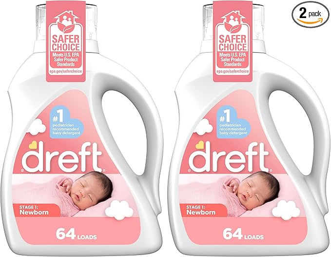 Dreft Stage 1: Newborn Hypoallergenic Liquid Baby Laundry Detergent (HE), Natural for Baby, Newborn, or Infant, 100 Ounces (64 loads) (Pack of 2)