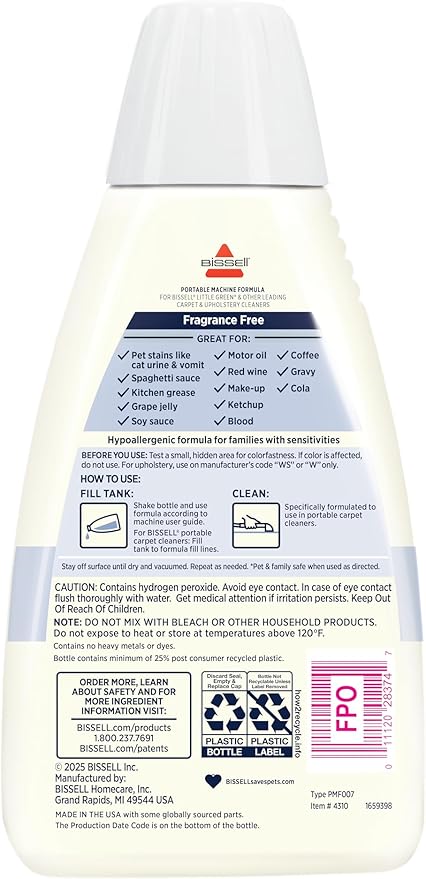 BISSELL Little Green PET OXY Spot & Stain Free & Clear Portable Deep Cleaner Formula, 32 fl. oz, 4310