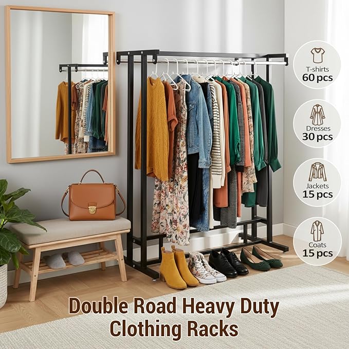 MyGift Black Clothes Rack for Bedroom Laundry Living Room, Heavy Duty Double Rod portable Freestanding Garment Rack Clothing Hanger Stand with Built-In Shelf and Storage