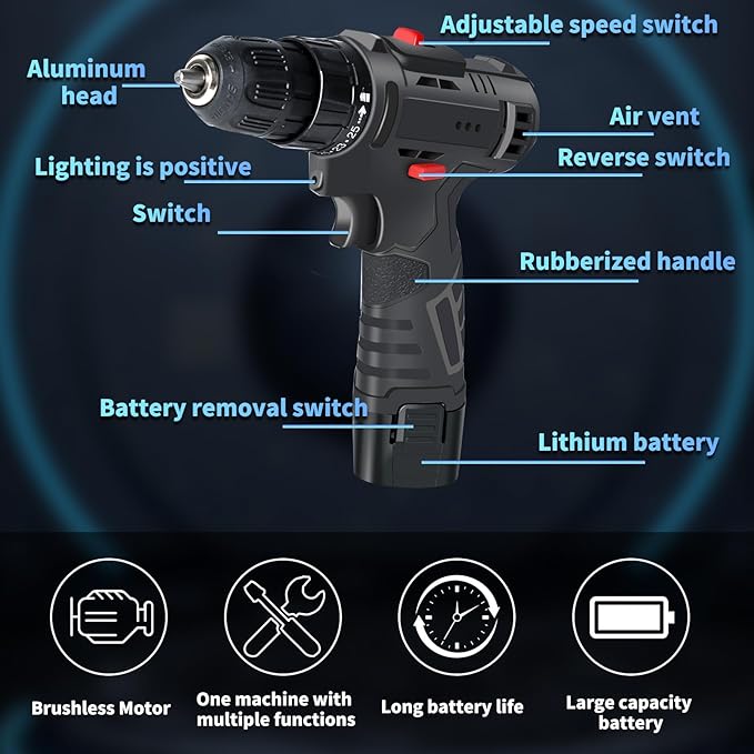 Jadeshay 12V Cordless Electric Drill, Rechargeable Lithium Drill with 3 Batteries, 25 Torque Settings, LED Light, 450W Power Tool Kit for Home & DIY, Includes 24-Piece Accessories