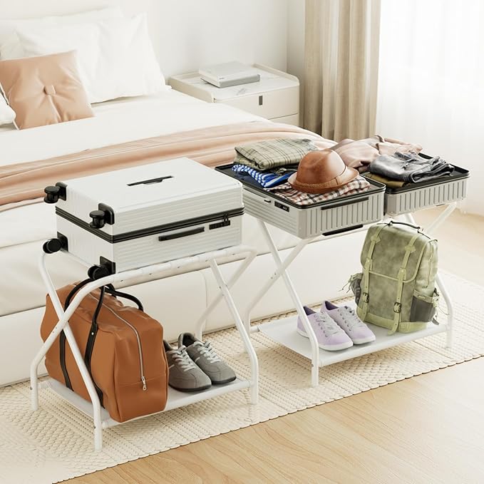 AMHANCIBLE Luggage Rack, Set of 2, Foldable Suitcase Stands for Guest Room, Metal Luggage Holder with Storage Shelf for Bedroom, Hotel, Easy Assemble, White HLR02WT