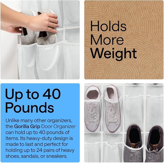 GORILLA GRIP Over the Door Shoe Organizer, 24 Large Breathable Mesh Pockets, Space Saving Hanging Storage Holder, Closet Rack Hanger Holds Up to 40 lbs, Hangs on Closets for Shoes, Accessories, White
