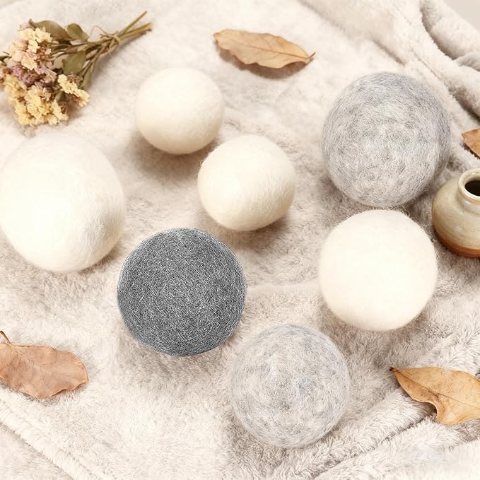 6 Pack Wool Dryer Balls Laundry Reusable Anti Static, Cotton Balls Wool Laundry Balls for Dryer Reduces Clothing Wrinkles Natural Fabric Softener Last 1000+ Loads (Grey, 2.75 in/7 cm)