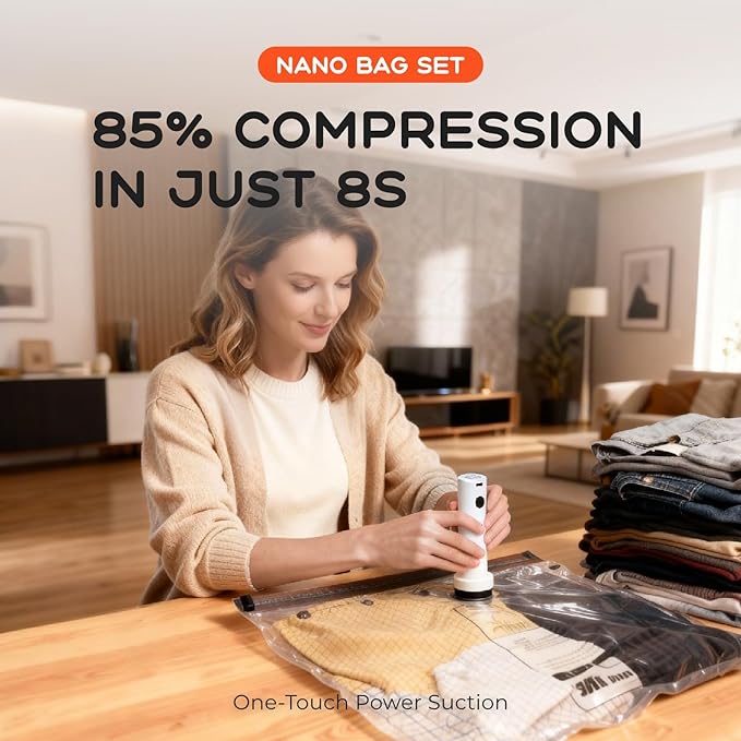 Vacuum Bags for Clothing with Rechargeable Air Pump, 10 Pack Vacuum Seal Bags for Travel, Space Saver Bags for Luggage and Suitcases, Compression Packing Bags in Multiple Travel Size