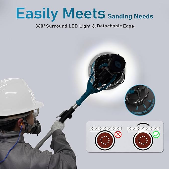 GEVEELIFE Drywall Sander, 880W 7.33A Electric Drywall Sander with Vacuum Dust Collector, 5 Variable Speed 1000-2100RPM, LED Light, Foldable & Extendable Handle, 12 Sanding Discs