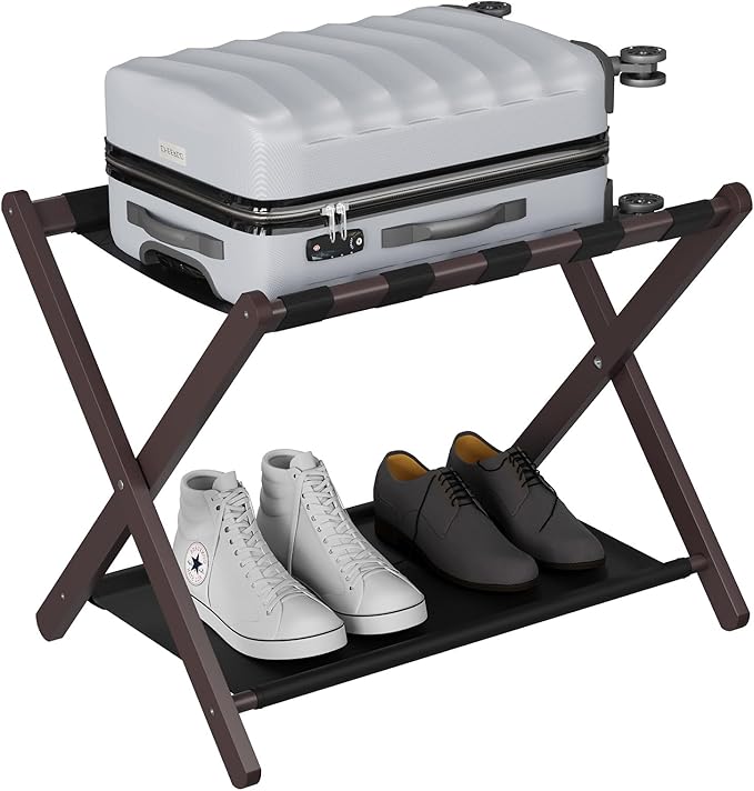 Smuxee Brown Bamboo Luggage Rack for Guest Room, Foldable Suitcase Stand with Storage Shelf, Easily Assembled Luggage Stand with 5 Nylon Straps for Guest Room Bedroom Hotel
