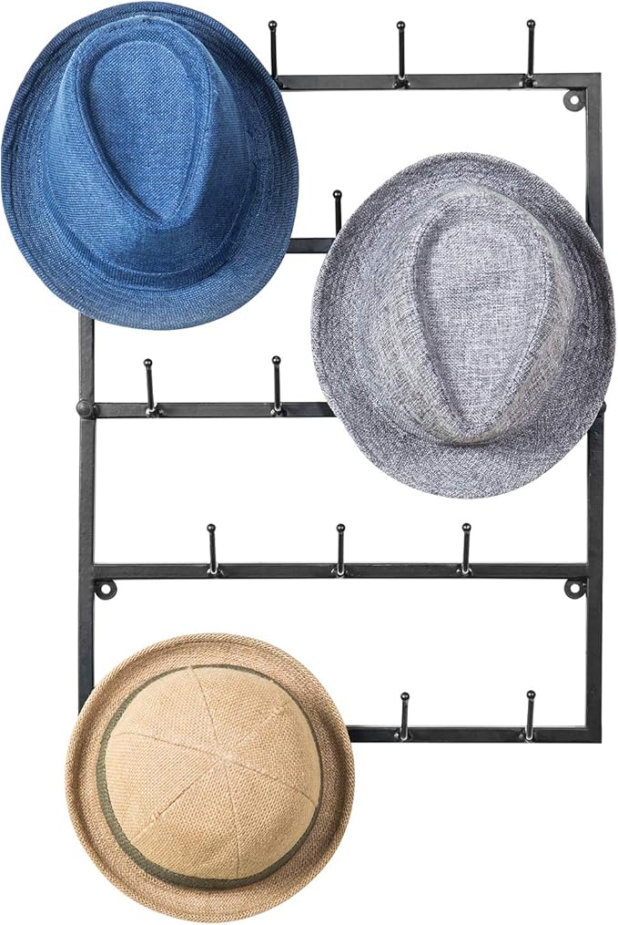 MyGift 5 Tier Modern Matte Black Metal Hat Rack for Wall, Entryway Organizer Hat, Scarves, Key Holder Hanger with 18 Hooks