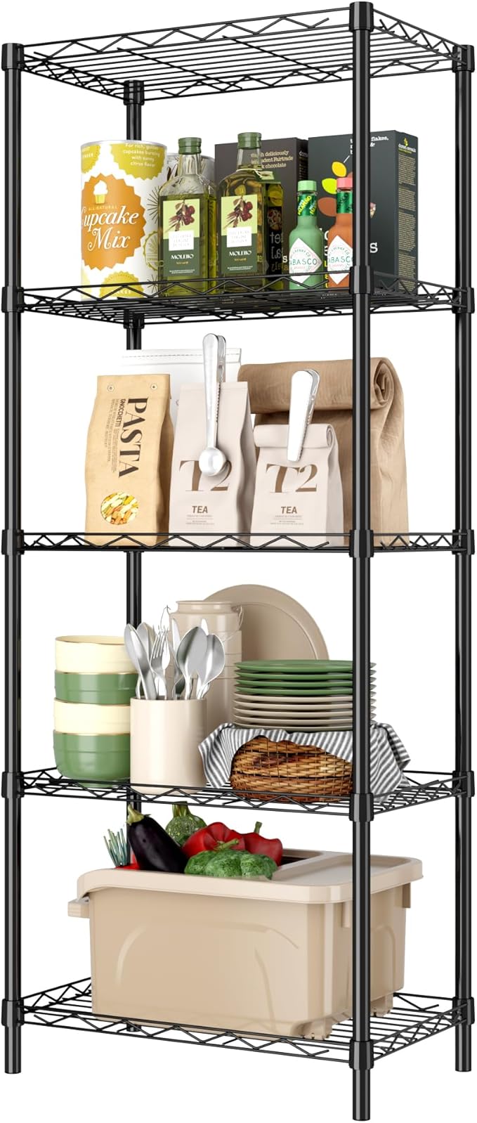 HOMEFORT Storage Shelves, 5-Wire Shelving, Metal Shelving Unit,Small Wire Shlving Rack for Kitchen, Pantry, Bathroom, Black, 16.5" W x 11.4" D x 47" H