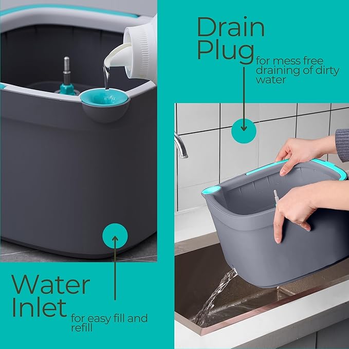 TRUE & TIDY Square Spin Mop & Bucket System – Dual Chamber for Clean & Dirty Water, 360° Rotating Self-Wringing Mop with Built-in Scrub Brush, Stainless Steel Handle & 2 Reusable Microfiber Mop Pads
