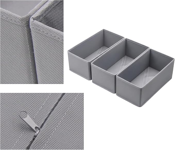Small Foldable Fabric Drawer Organizer 3-Pack - 11“ Breathable Closet & Dresser Storage Bins for Socks, Underwear, Bras & Baby Clothes, Gray