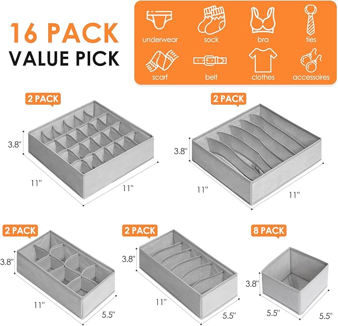 Criusia 16 Pack Sock Underwear Drawer Organizer, 96 Cells Dresser Organizer for Baby Clothes, Foldable Fabric Closet Organization and Storage Dividers Bins for Nursery, Bedroom