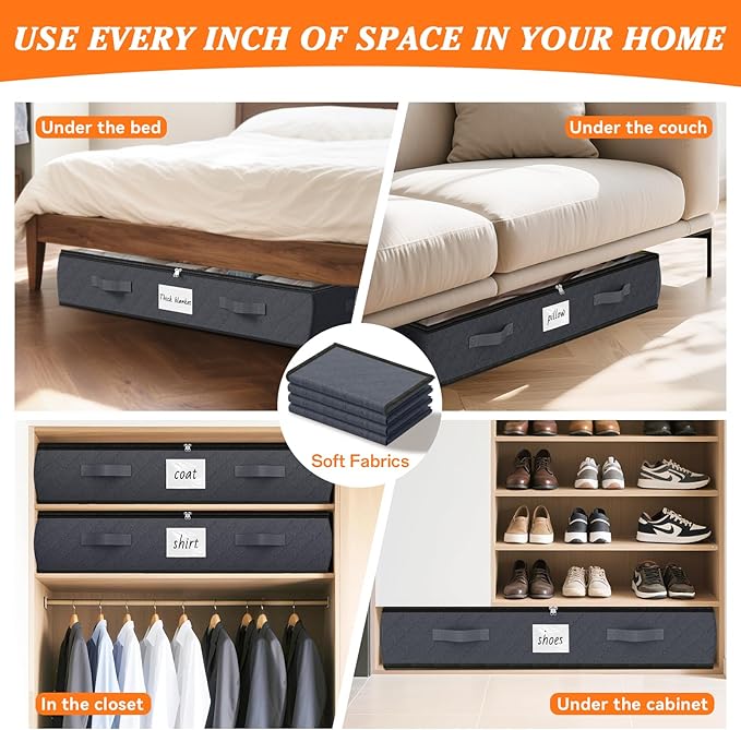 SpaceWhisper 90L Under Bed Storage Containers, 6-Pack Storage Bins with Clear Top, Foldable Closet Organizers and Storage with Label Holder for Clothing, Blankets, Comforter & Pillows (Grey)