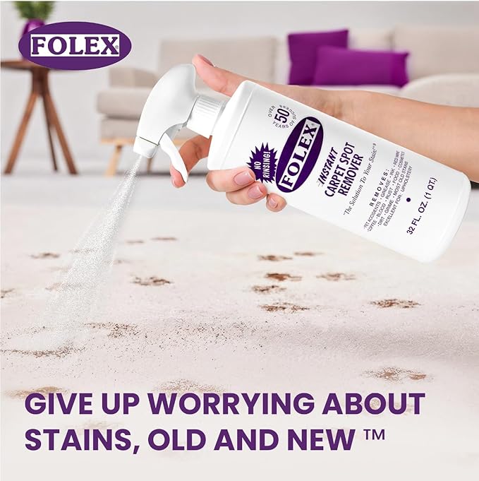 FOLEX Instant Carpet Spot Remover 32 oz – Powerful Stain Remover for Carpets, Upholstery & Rugs – Eliminates Pet Stains, Grease, Red Wine, Food, Makeup & More – With Reusable Cleaning Cloth – 2 Pack