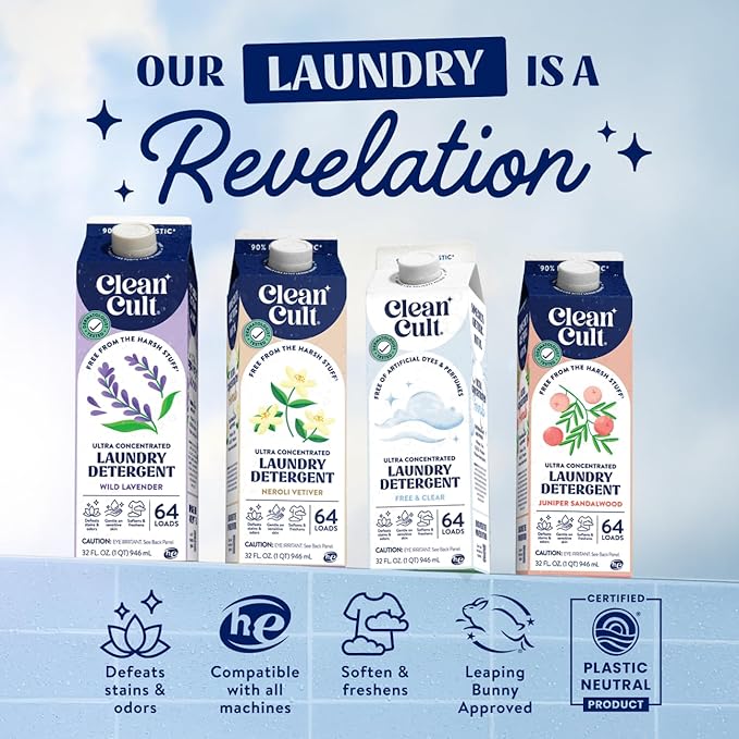 Cleancult Ultra Concentrated Liquid Laundry Detergent, 64 loads (32 oz), Long Lasting Scent, 90% Less Plastic, No Harsh Chemicals, Neroli Vetiver, Defeats Stains & Odors, HE/Standard Compatible