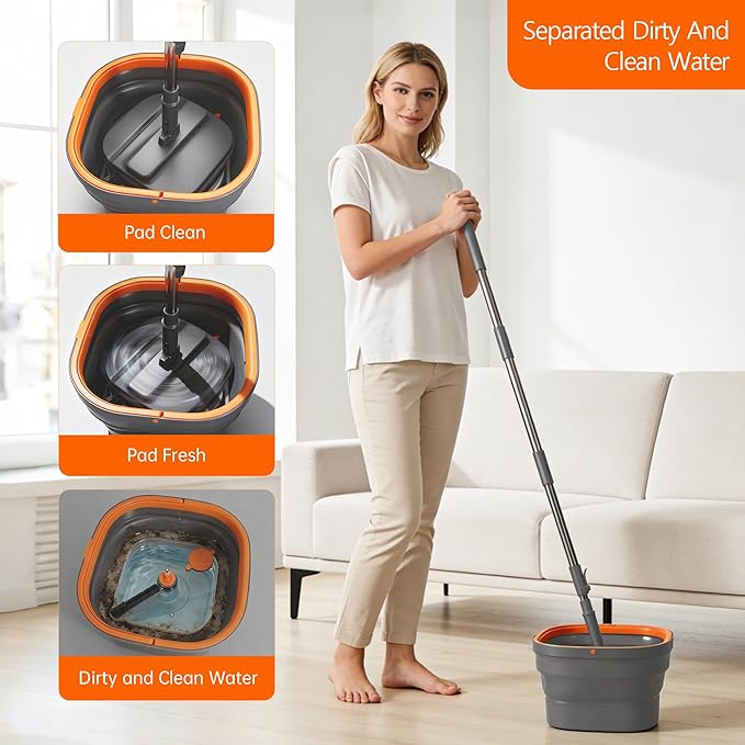 Collapsible Mop and Bucket Set, Spin Mop with Separate Dirty and Clean Water, 6 Replaceable Mopping Pads with Foldable Handle, Deep Cleaning Mops and Buckets for Household Use Floor Cleaning
