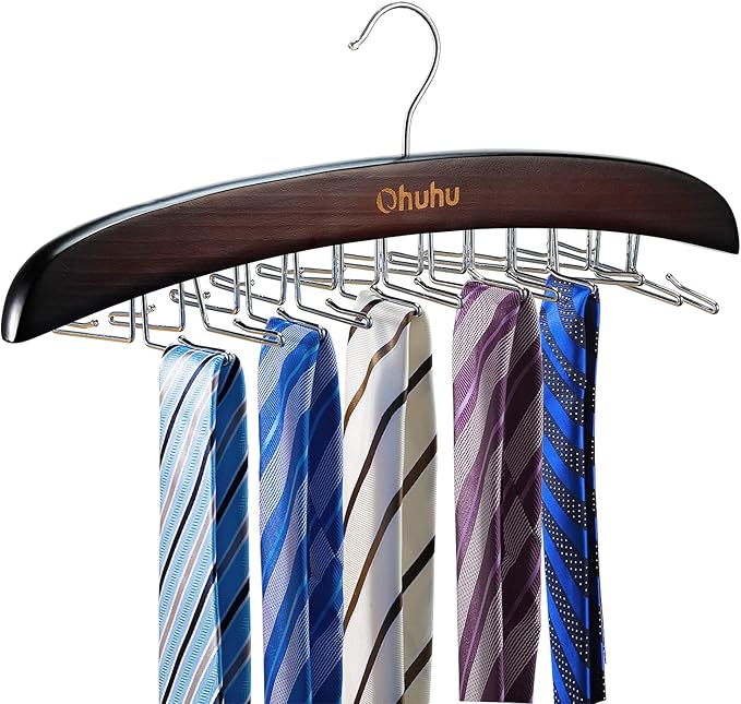 Tie Rack Hanger for Closet: Ohuhu 24 Folding Hooks Tie Hangers for Men Wooden Tie Holder Organizer Space Saving Necktie Storage 360 Degree Rotating Ties Belts Scarves Tank Tops Accessories-Walnut
