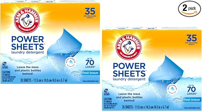 Arm & Hammer Laundry Detergent Power Sheets,Fresh Breeze, up to 140 Loads, 35 Ct (Pack of 2)