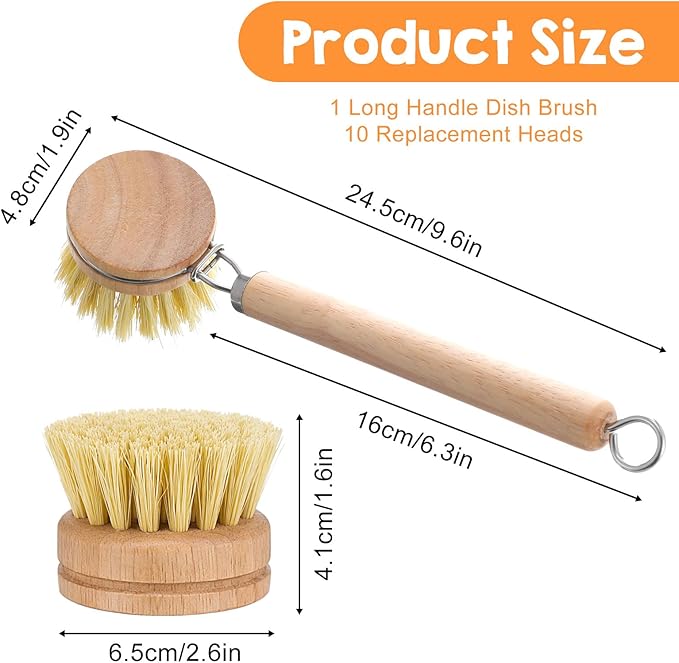 11 Pcs Bamboo Dish Brush Set, Multifunctional Bamboo Dishwashing Scrub Brush with Natural Sisal Bristles, Wooden Handle Dish Brush with Replacement Heads for Cleaning Pots Dishes Pans Vegetables