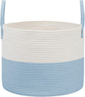 JMvicyroam 115L Extra Large Blanket Basket for Living Room - Woven Cotton Rope Laundry Hamper with Reinforced Handles - Storage Bin for Pillows, Comforters & Toys - Machine Washable,White&Blue