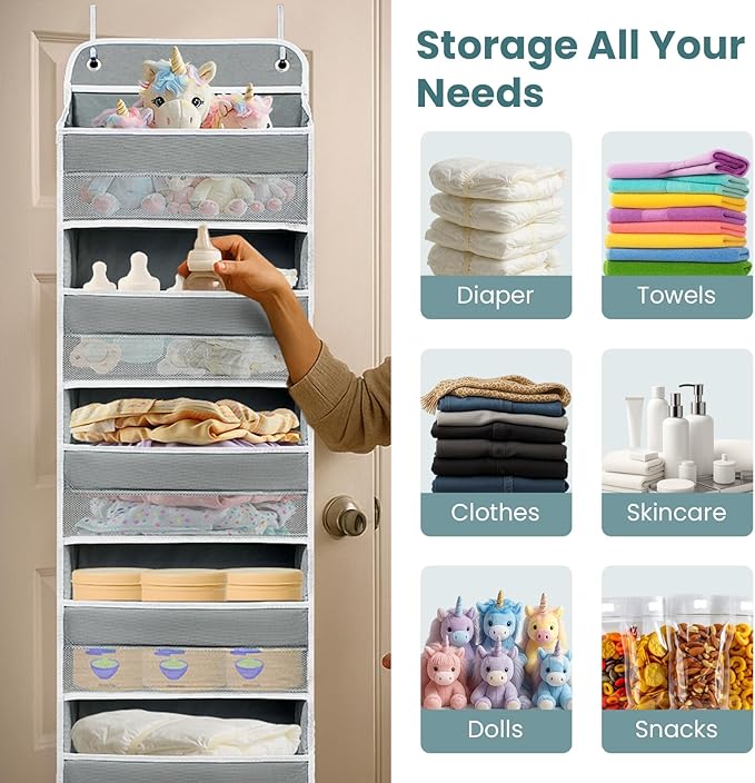 Sturdiness Over The Door Organizer, 5 Shelves & 8 Side Pockets,Anti Tilt Hanging Behind Door Storage, Heavy-Duty Reinforced Mesh Rack Holds 44lb for Bathroom,Pantry, Nursery,Closet, Shoes, Towels