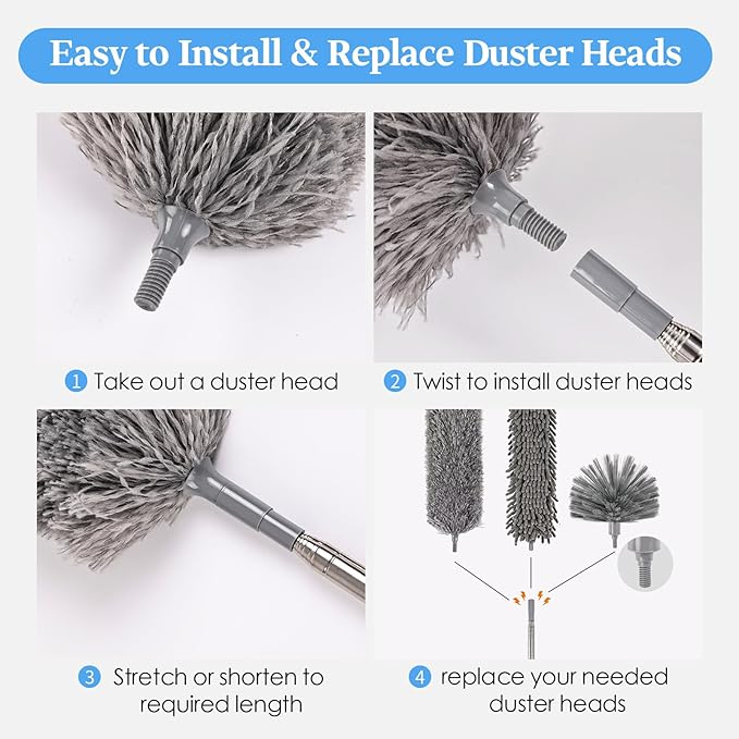Microfiber Feather Duster 5-in-1 Kit with Extension Pole, Washable Cleaning Duster Set with 3 Duster Heads, Cobweb Duster, Corner Brush, 100'' Extendable Long Duster for High Ceilings, Fans, Furniture