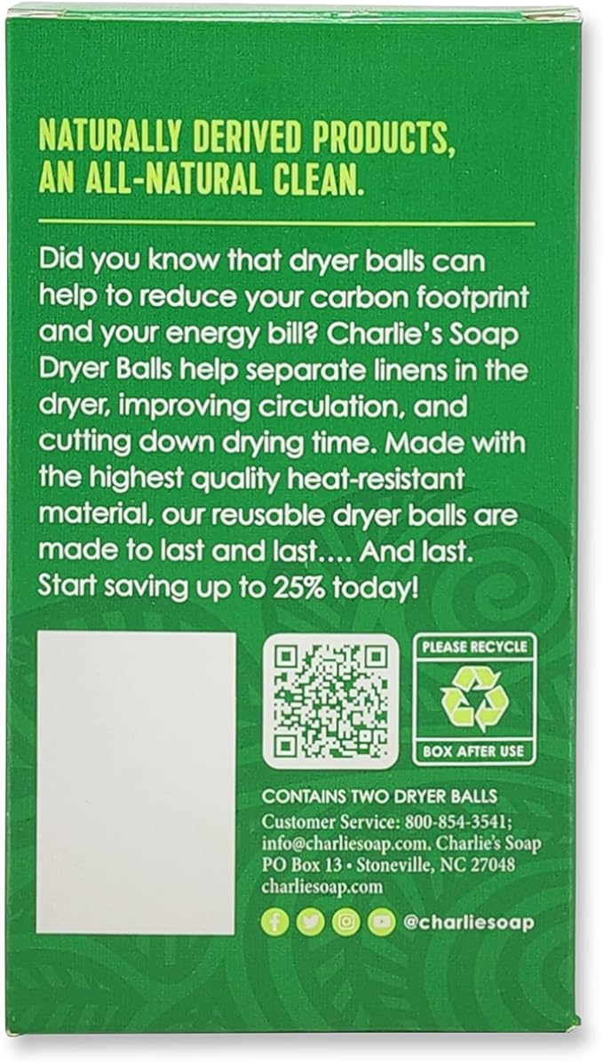 Charlie's Soap Eco-Friendly Dryer Balls 2 Pack - Reusable, Durable, Unscented Alternative to Dryer Sheets, Wool Balls, or Scent Beads