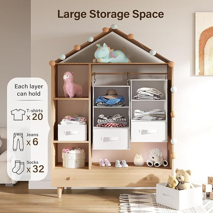 Pipishell 6-Shelf Hanging Closet Organizer with 2 Separable 3-Tier Shelves, 3 Drawers & Side Pockets Closet Organizers and Storage for Wardrobe Organization and Nursery Clothes Organizer, White