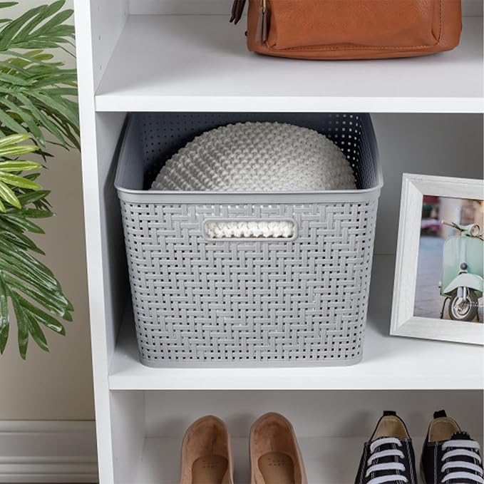 Sterilite 6-Pack Tall Basket, Woven Plastic Storage Baskets for Organization, Cement - Organizing Bin Containers with Handles for Bedroom, Bathroom, Dorm, and Closet