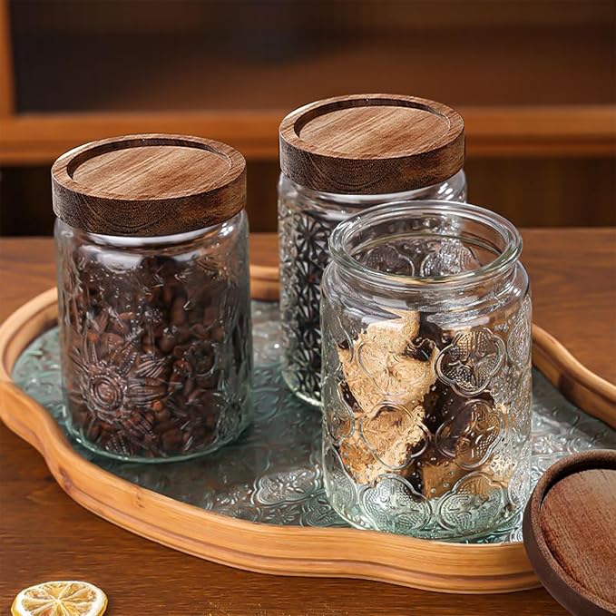 24 OZ Vintage Glass Jar with Lid, Airtight Food Storage Canisters with Bamboo for Kitchen Counter Pantry, Ideal for Coffee, Candy, Tea, Oats, Sugar, Cookies Decorative Jars-Sunflower