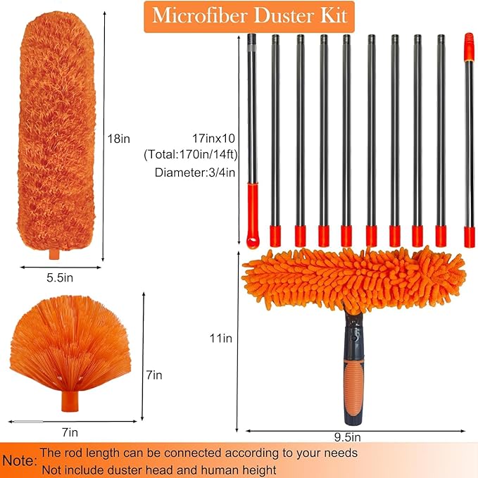 20+ Feet High Reach Dusting Kit with 3-14 ft Extension Pole //2 in 1 Window Cleaning Kit // High Ceiling Duster // Cobweb Microfiber Duster // Outdoor & Indoor Extendable Duster Cleaning Kit