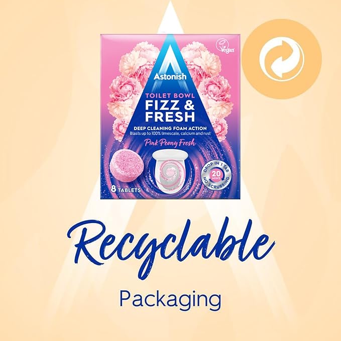 Astonish Foaming Pink Peony Toilet Bowl Cleaner 2 Pack - Deep Cleaning Limescale, Calcium & Rust - No Bottle, Removes Hard Stains (12 Boxes, 96 Tablets)