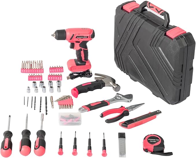 Drill Tool Kit Set,146 Piece Tool Set with 8V Cordless Drill,Drill Tool Box,Home Tool Kit with Drill,House Repairing Hand Tool Kits with Storage Case for Men Women (Pink)