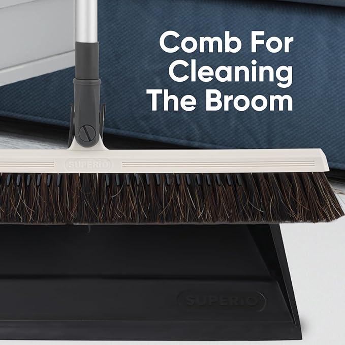 Superio 18" Horse Hair Upright Broom with Telescopic Handle & 16" Black Dustpan with Comb, Rubber Lip & Clip – Narrow Thin Dust Broom for Dog Hair – Hardwood & Tile Floor Cleaning Set – Gray/Black