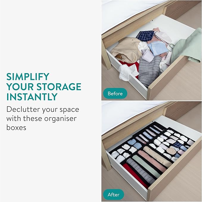 Navaris Storage Boxes - Efficient Small Dresser Drawer Insert Organizer for Clothes - Dividers for Underwear Socks Ties Scarves - Foldable Space-Saving Organizers - Set of 4 Black
