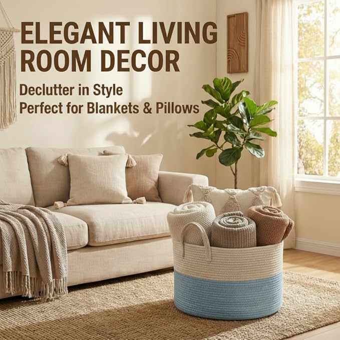 JMvicyroam 115L Extra Large Blanket Basket for Living Room - Woven Cotton Rope Laundry Hamper with Reinforced Handles - Storage Bin for Pillows, Comforters & Toys - Machine Washable,White&Blue