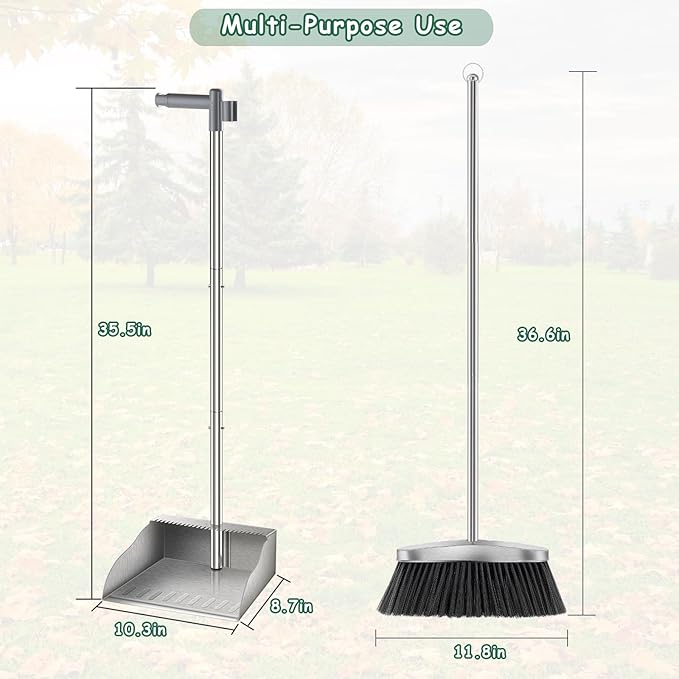 Metal Broom with Dustpan Combo Set-Long Handle Broom with Dustpan,Heavy Duty Standing Dust Pan & Soft Bristles Brooms,Indoor Outdoor Dust Pan Brooms for Home Office Lobby Floor