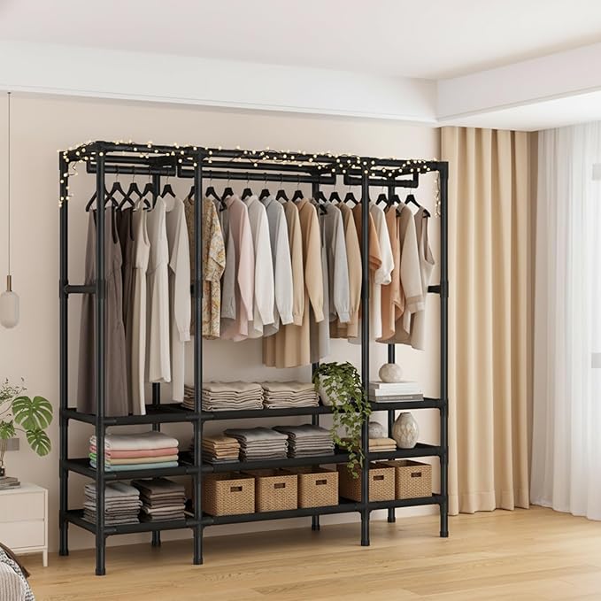 Portable Closet,Garment Rack,Heavy Duty Clothes Rack with Cover,Wardrobe Closet with 1 Hanging Rods, 2 Storage Shelves and 3 Drawers,43.3" L x 17.7" W x 67.7" H,Black