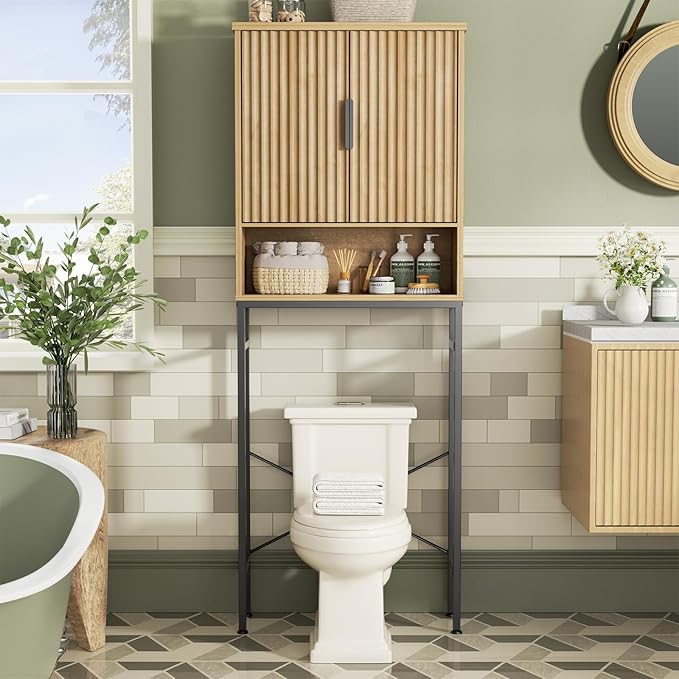 Over The Toilet Storage Cabinet with Fluted Doors and Adjustable Shelf, Tall Bathroom Organizer with Metal Stand Space Saver Over Toilet , Wood Rack for Bathroom, Restroom, Laundry, Natural Oak