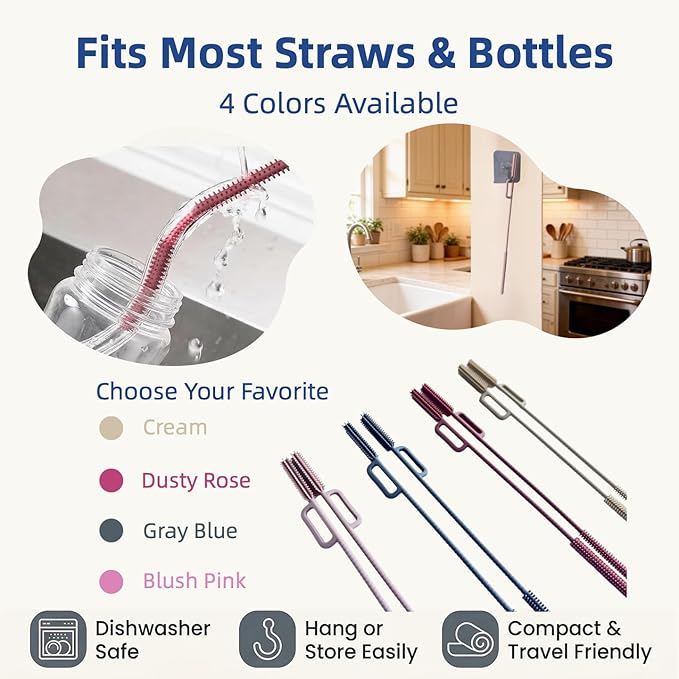2-in-1 Dual-Head Straw Brush, Silicone Cleaning Brush for Straws & Lid Gaps, Long Flexible for Tumblers & Bottles, Non-Slip Handle, No-Scratch, 2 Pack (6mm & 9mm), Durable & Reusable (Blush Pink)